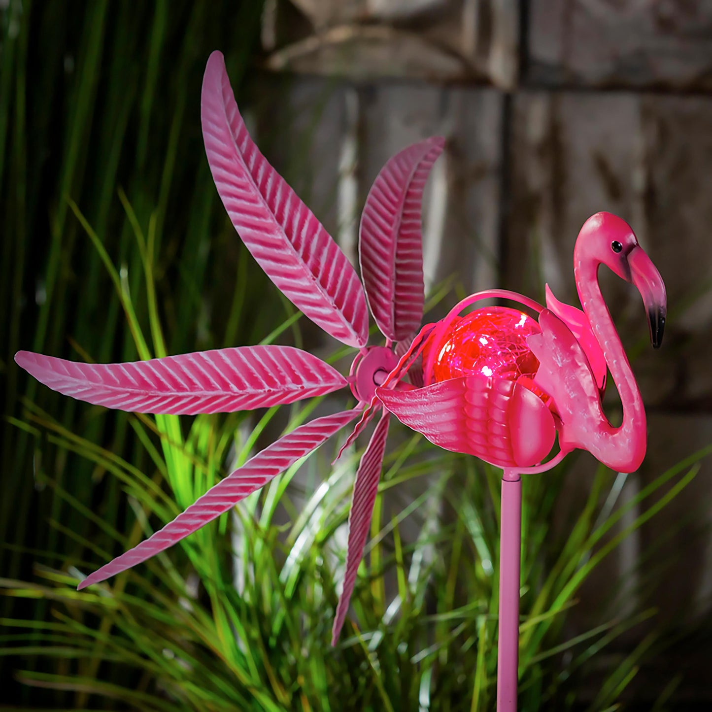 36in pink flamingo wind spinner with metal blades on garden stake on Tampa Home & Garden Store
