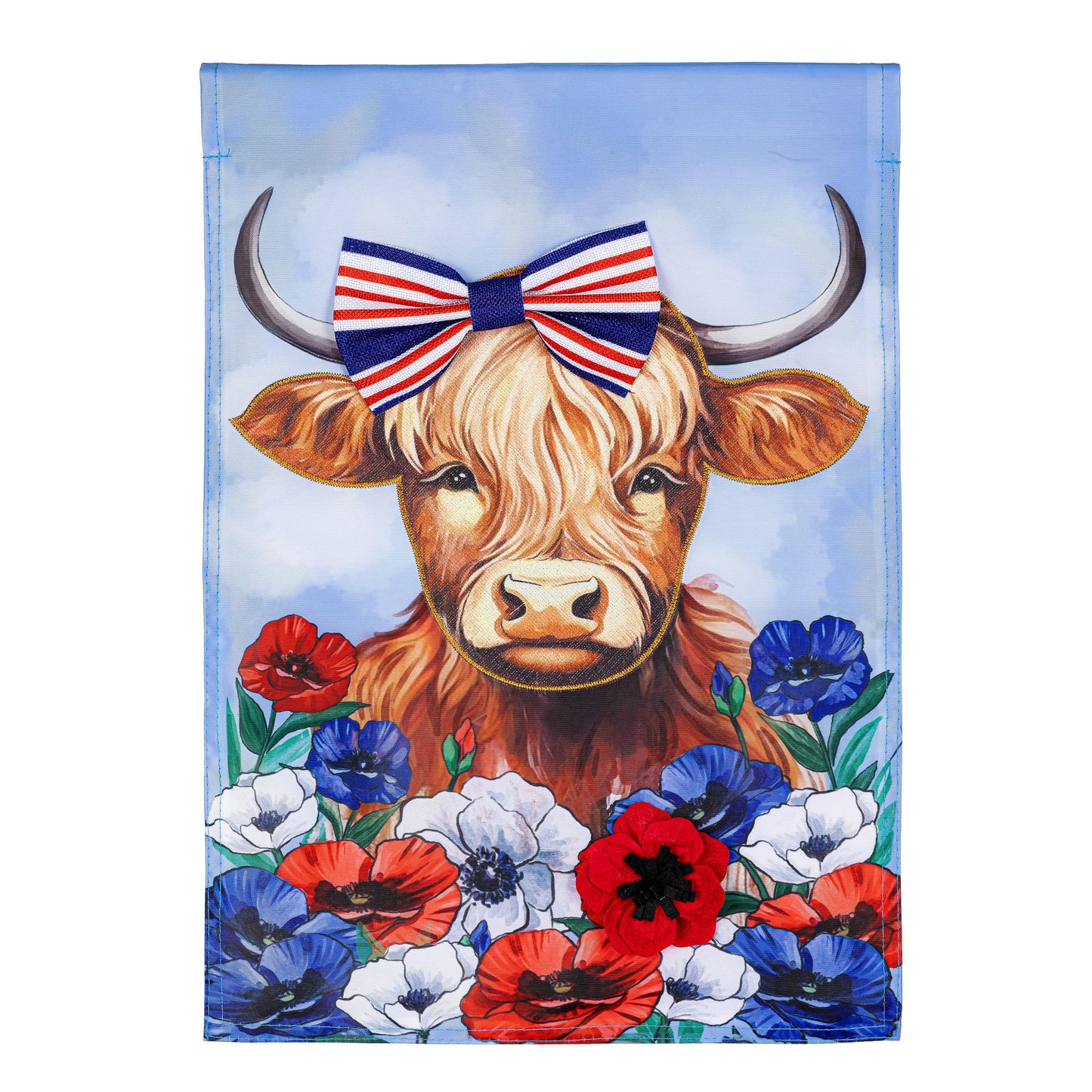 Patriotic Highland Cow Applique Garden Flag blue sky with red white blue bow and flowers on Tampa Home & Garden Store