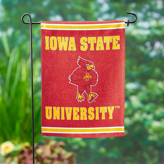 Iowa State embossed suede flag red with yellow lettering garden size Evergreen Enterprises on Tampa Home & Garden Store