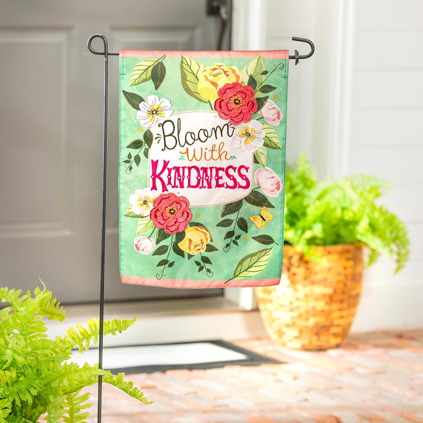 Bloom with Kindness Applique Garden Flag with colorful flowers on green background on Tampa Home & Garden Store