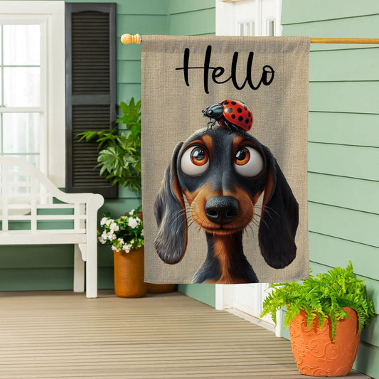 Dog and Ladybug Suede Garden Flag features a dog face with a red ladybug on its head on burlap on Tampa Home & Garden Store