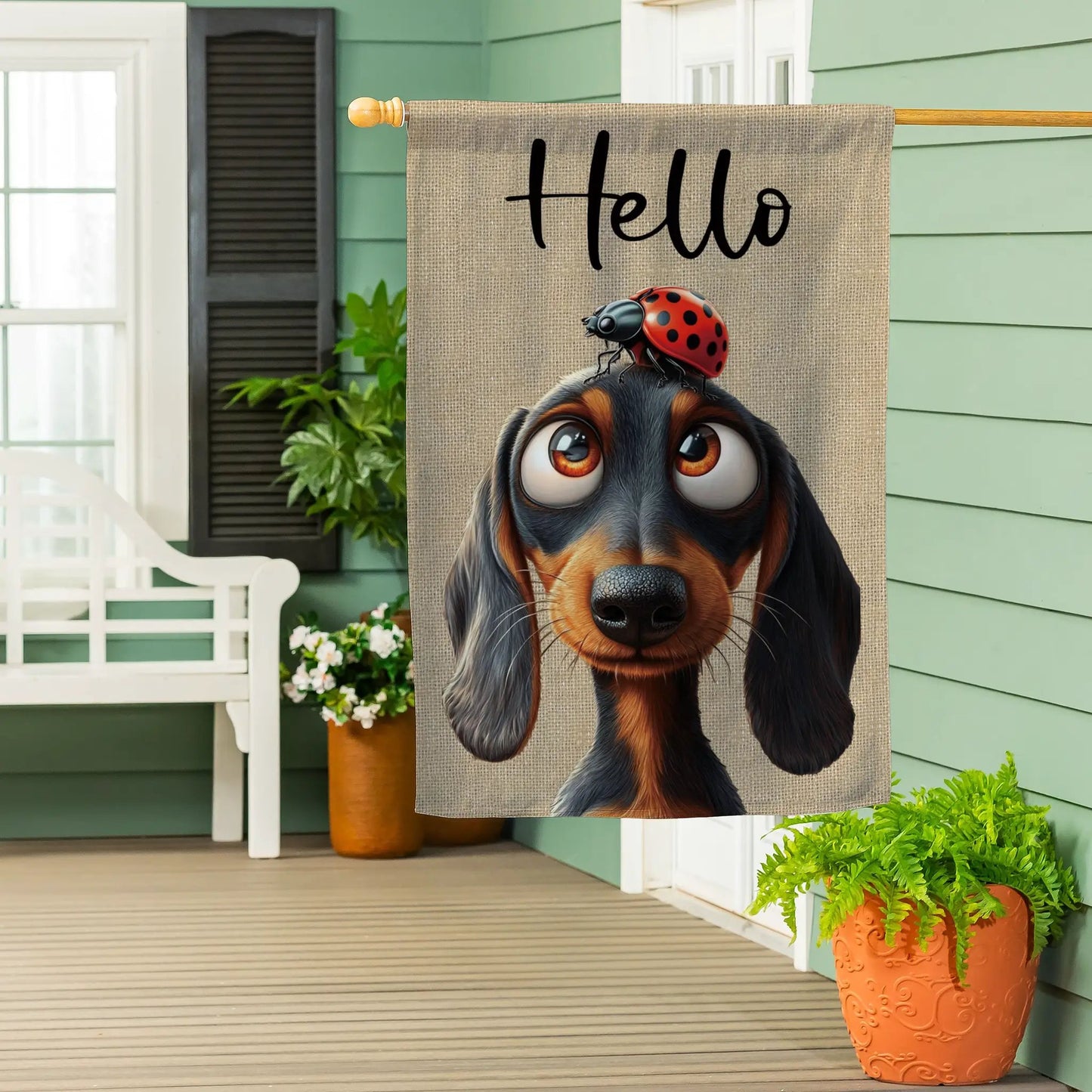Dog and Ladybug Suede Garden Flag features a dog face with a red ladybug on its head on burlap on Tampa Home & Garden Store