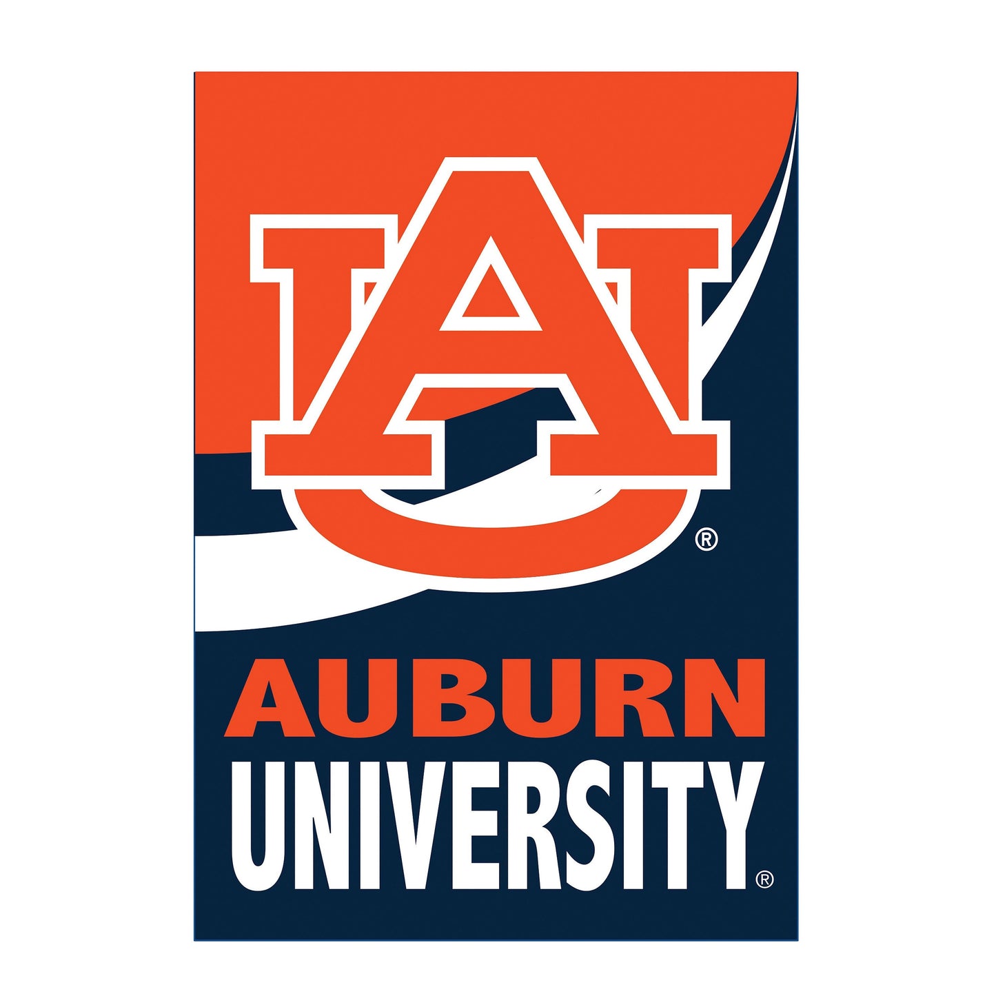 Auburn University Burlap Flag GDN size with bold orange lettering on navy background on Tampa Home & Garden Store