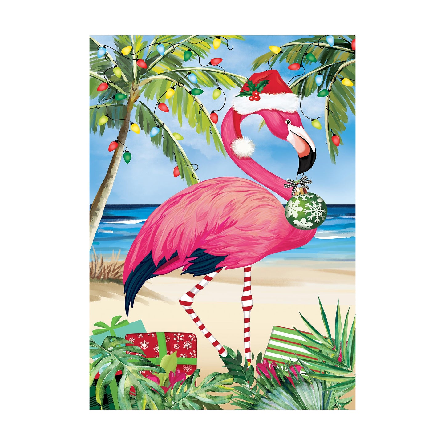 Christmas Flamingo Applique House Flag pink flamingo in Santa hat on beach lights Evergreen on Tampa Home & Garden Store