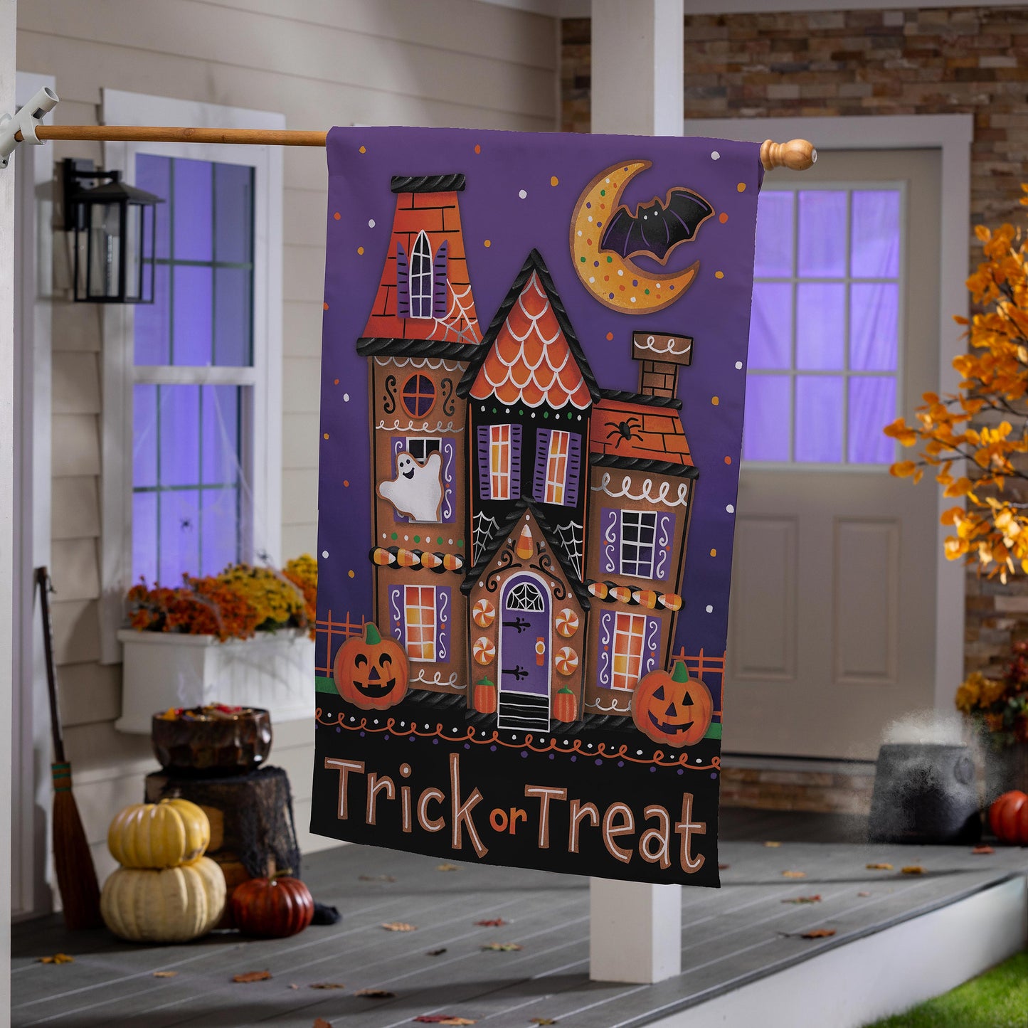 Trick or Sweets Lustre House Flag purple Halloween banner with moon, bat and pumpkins Evergreen on Tampa Home & Garden Store
