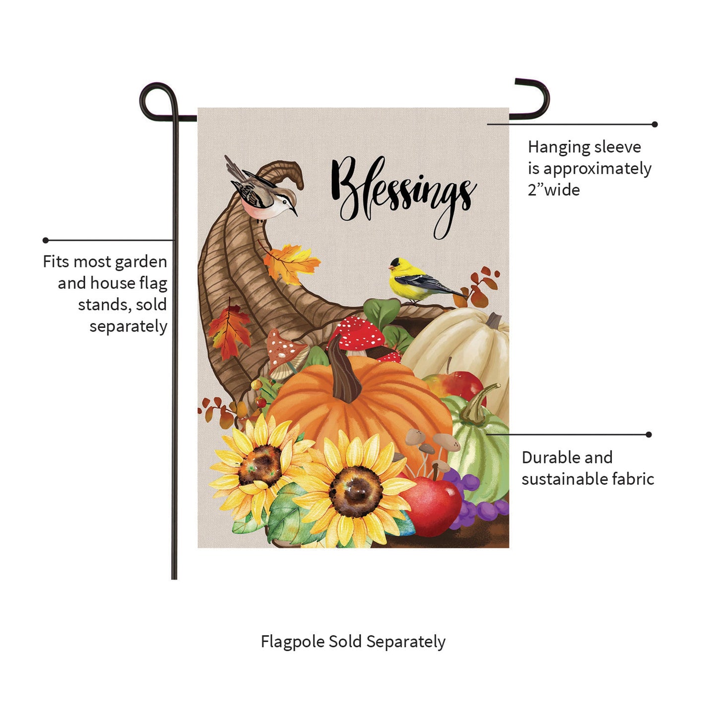 Grateful Cornucopia Suede Garden Flag beige fabric autumn design hanging sleeve on Tampa Home & Garden Store
