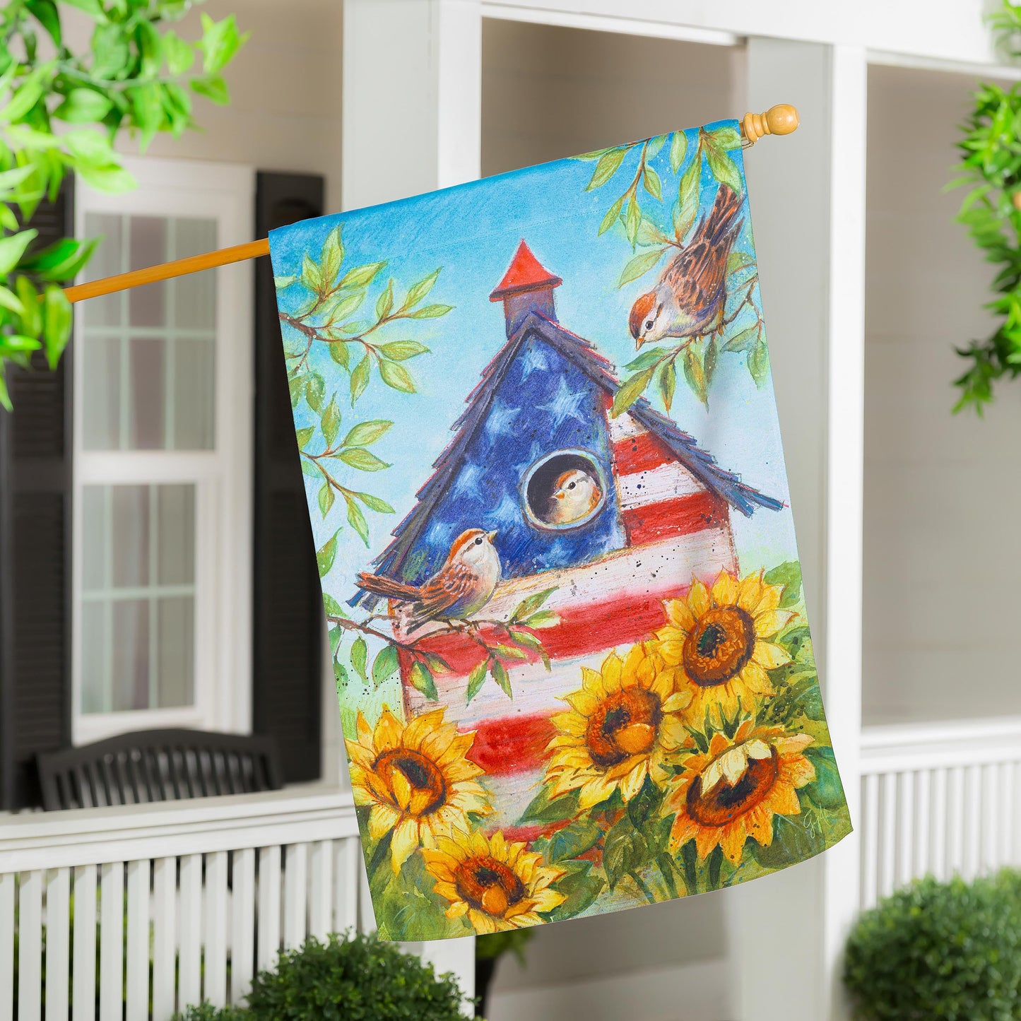 Stars and Sparrows Suede House Flag, birds design on suede fabric by Evergreen Enterprises on Tampa Home & Garden Store