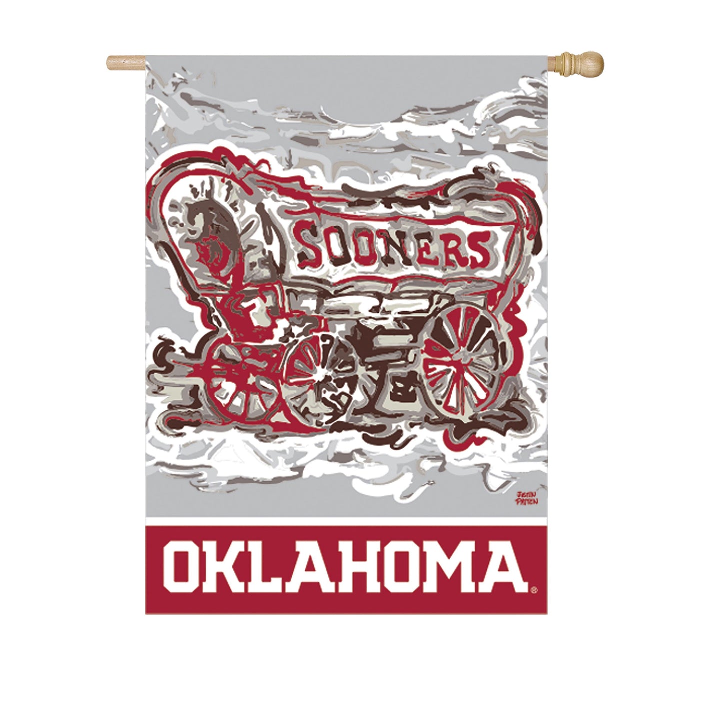 Suede flag for University of Oklahoma with crimson Sooners logo and OKLAHOMA text on gray on Tampa Home & Garden Store