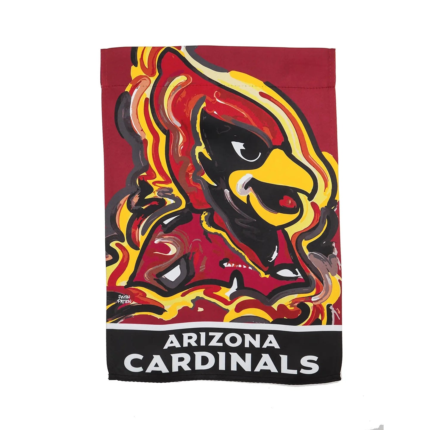 Suede garden flag Arizona Cardinals artwork by Justin Patten in maroon, gold, black on Tampa Home & Garden Store