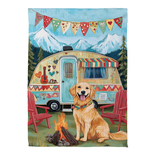 Camping Dog Suede House Flag with colorful camper, mountains, trees, campfire and heart bunting on Tampa Home & Garden Store