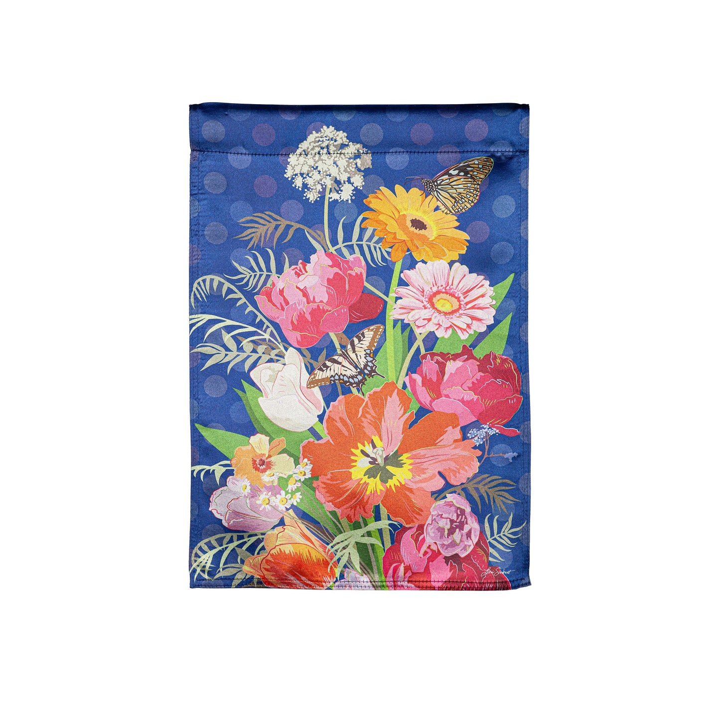 Bloom Boldly Lustre Garden Flag blue with vibrant flowers and butterfly by Evergreen Enterprises on Tampa Home & Garden Store