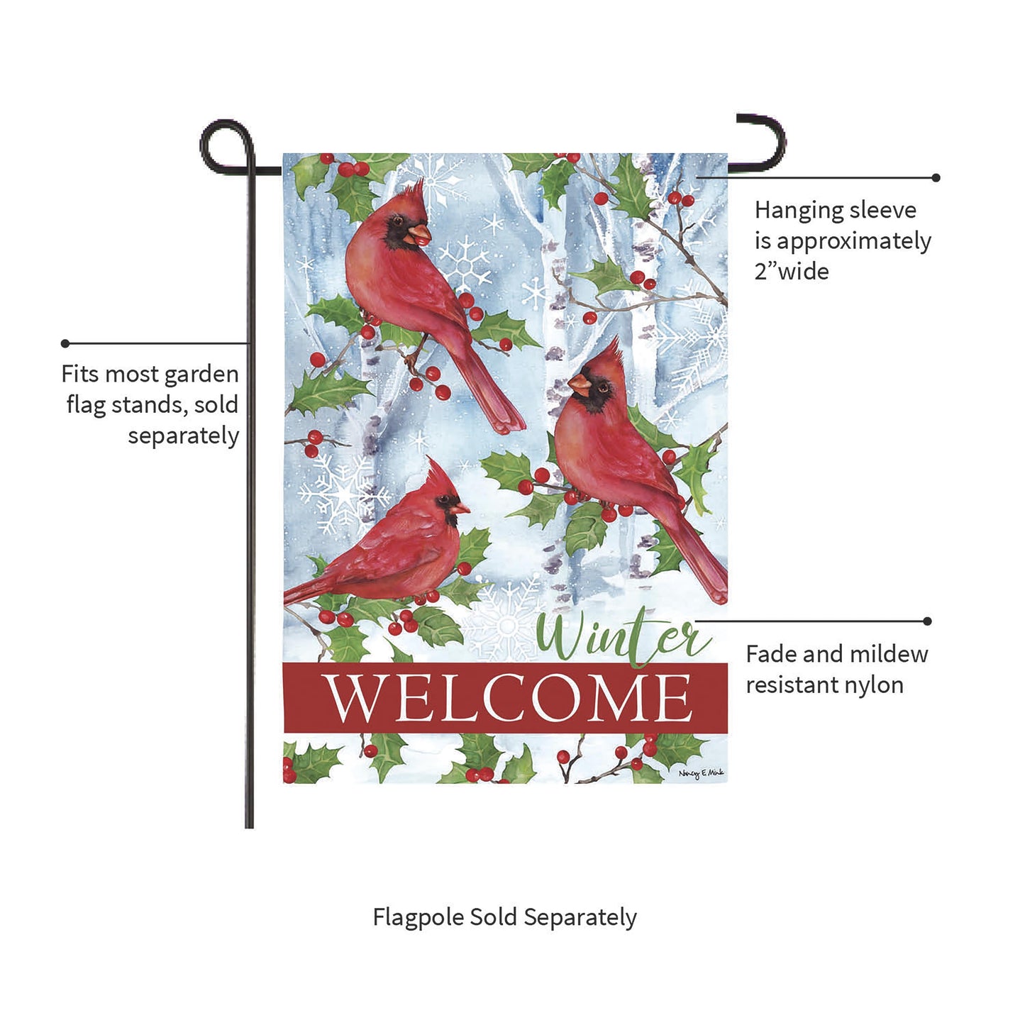 Winter Visit Suede Garden Flag cardinals on holly in snowy blue winter scene Evergreen Enterprises on Tampa Home & Garden Store
