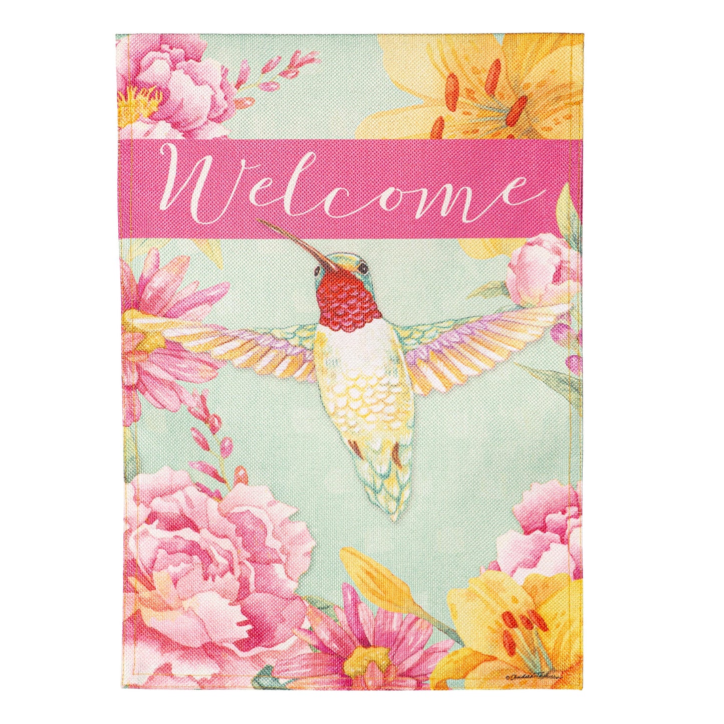 Welcome Hummingbird Burlap Garden Flag with pink flowers on textured burlap on Tampa Home & Garden Store