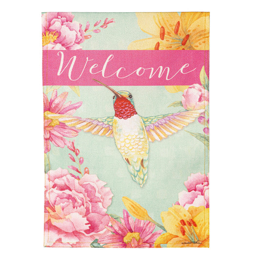 Welcome Hummingbird Burlap Garden Flag with pink flowers on textured burlap on Tampa Home & Garden Store