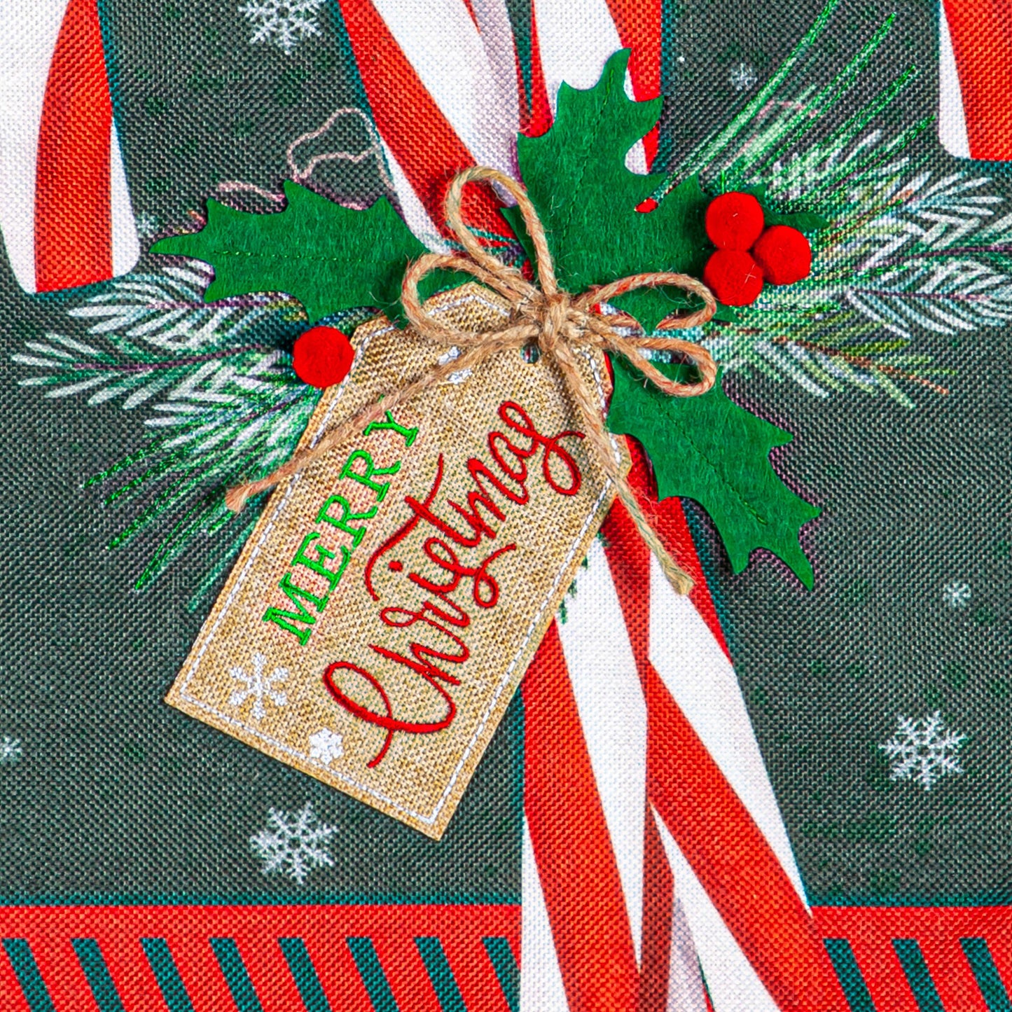 Candy Cane Burlap Garden Flag with red white candy stripe, green holly leaves and twine bow on Tampa Home & Garden Store