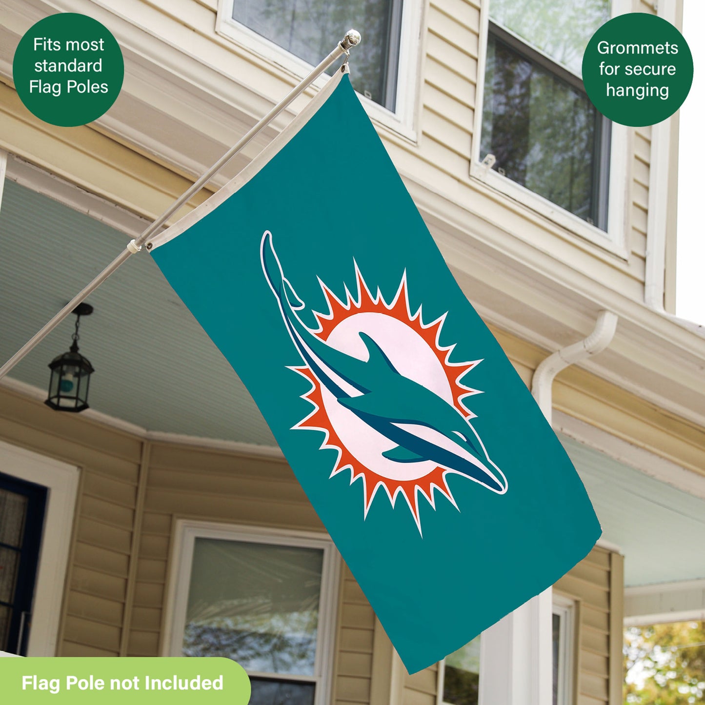 Miami Dolphins teal 3x5 sublimated flag, single-sided with two grommets on a metal flagpole on Tampa Home & Garden Store