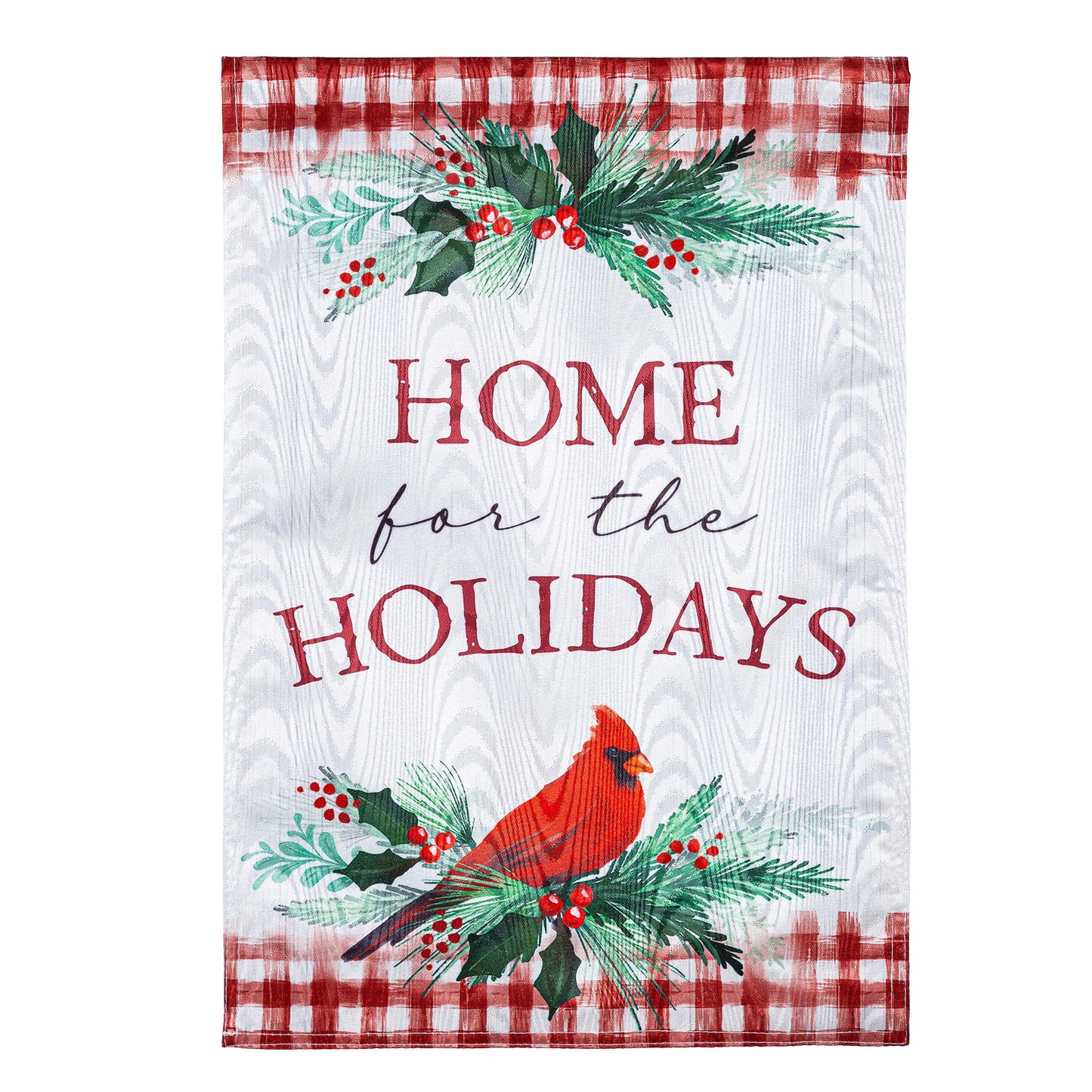 Holiday Cardinal Moire Garden Flag by Evergreen Enterprises, red cardinal holly on Tampa Home & Garden Store