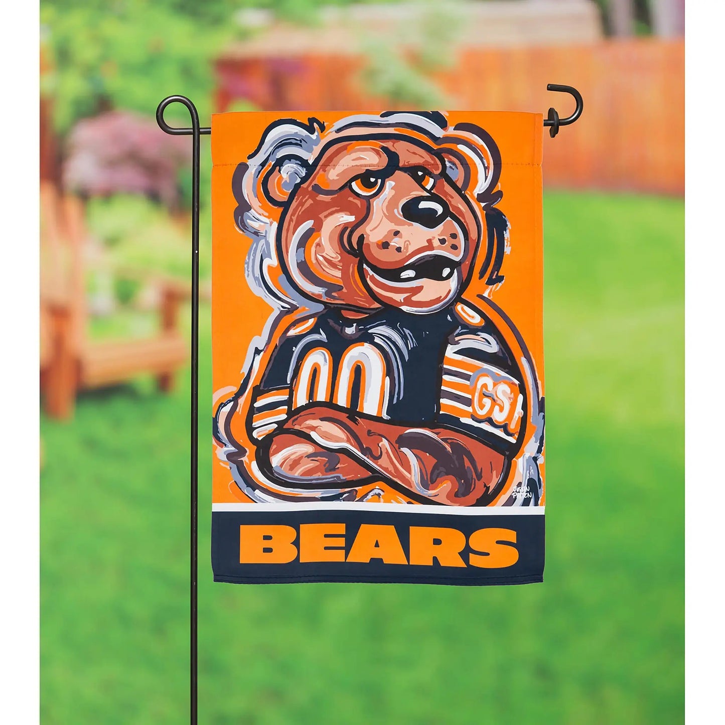 Chicago Bears suede garden flag Staley Da Bear mascot orange background Evergreen Enterprises on Tampa Home & Garden Store