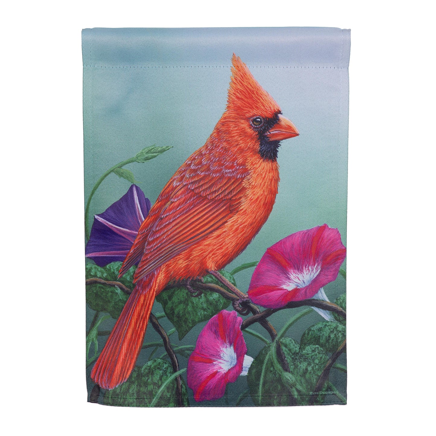 Cardinal on Morning Glory suede garden flag red cardinal on blue-green background on Tampa Home & Garden Store