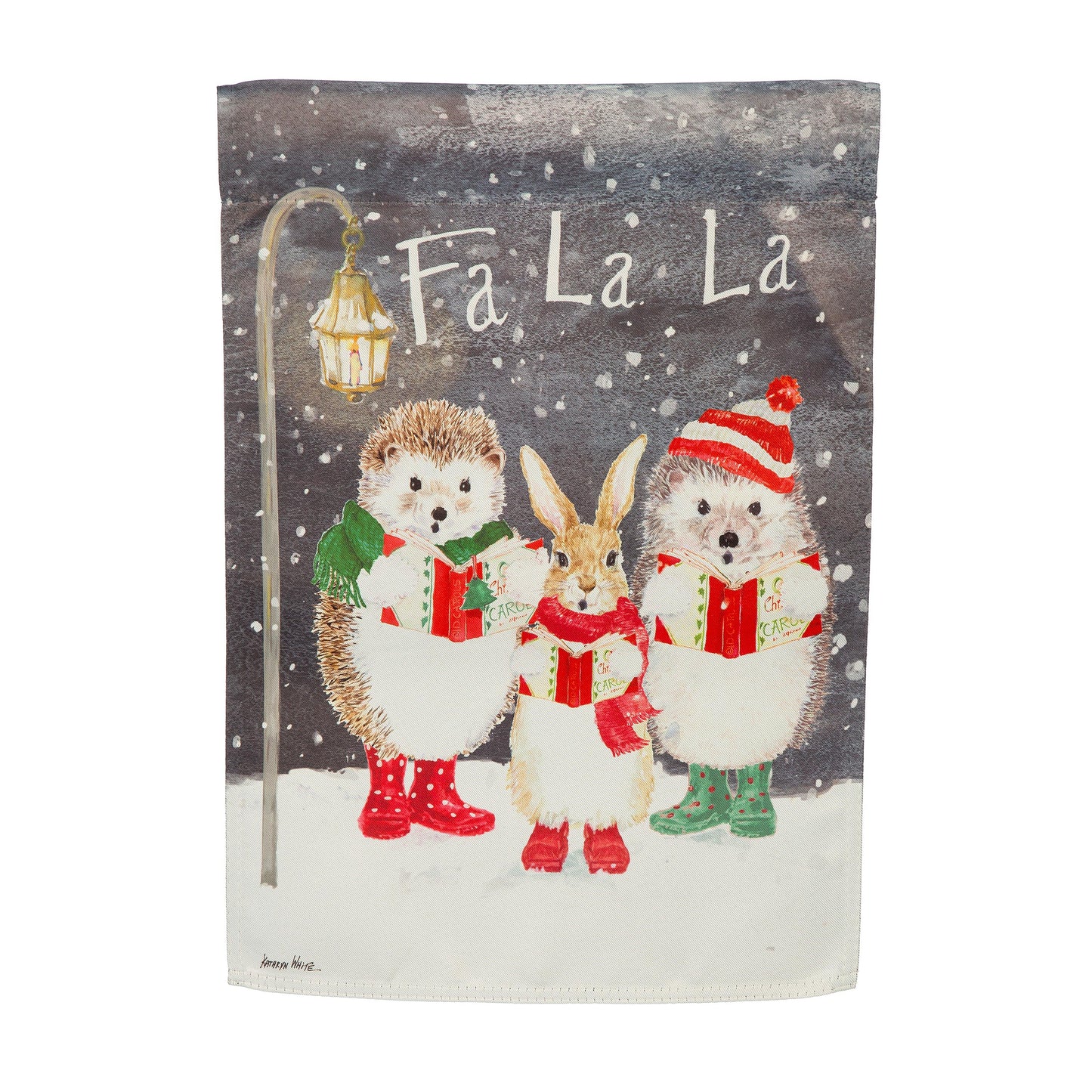 Fa La La Suede Garden Flag featuring festive woodland animals and gifts in snow on Tampa Home & Garden Store