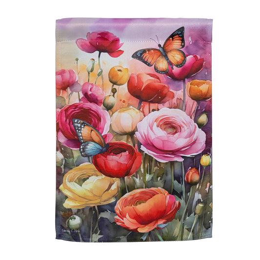 Sunset Garden Suede Garden Flag with pink/orange flowers and butterfly on purple backdrop on Tampa Home & Garden Store