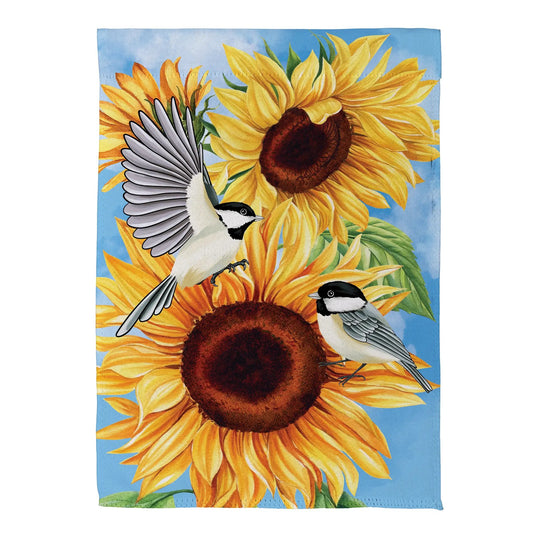 Sunflower Chickadees Suede House Flag with 2 chickadees among sunflowers on blue background on Tampa Home & Garden Store