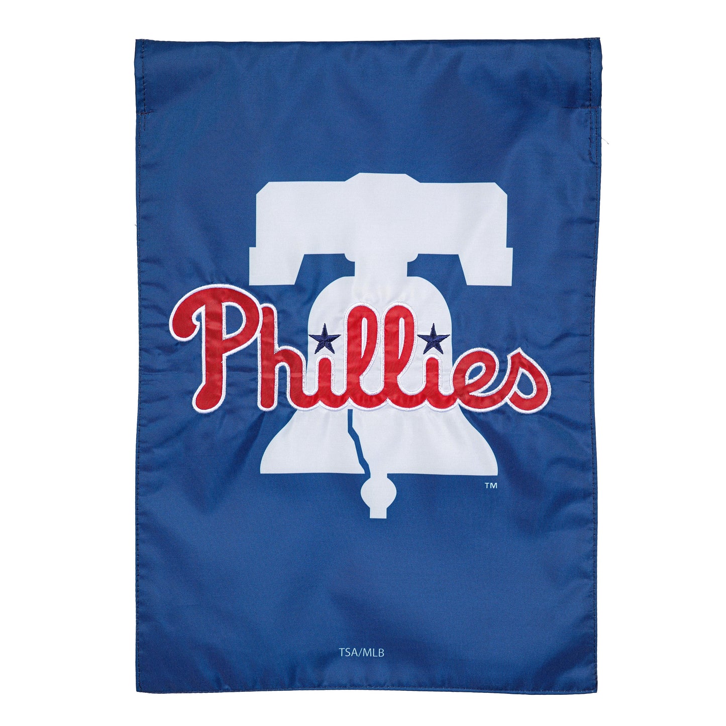 Philadelphia Phillies applique garden flag on blue background with red script Phillies on Tampa Home & Garden Store