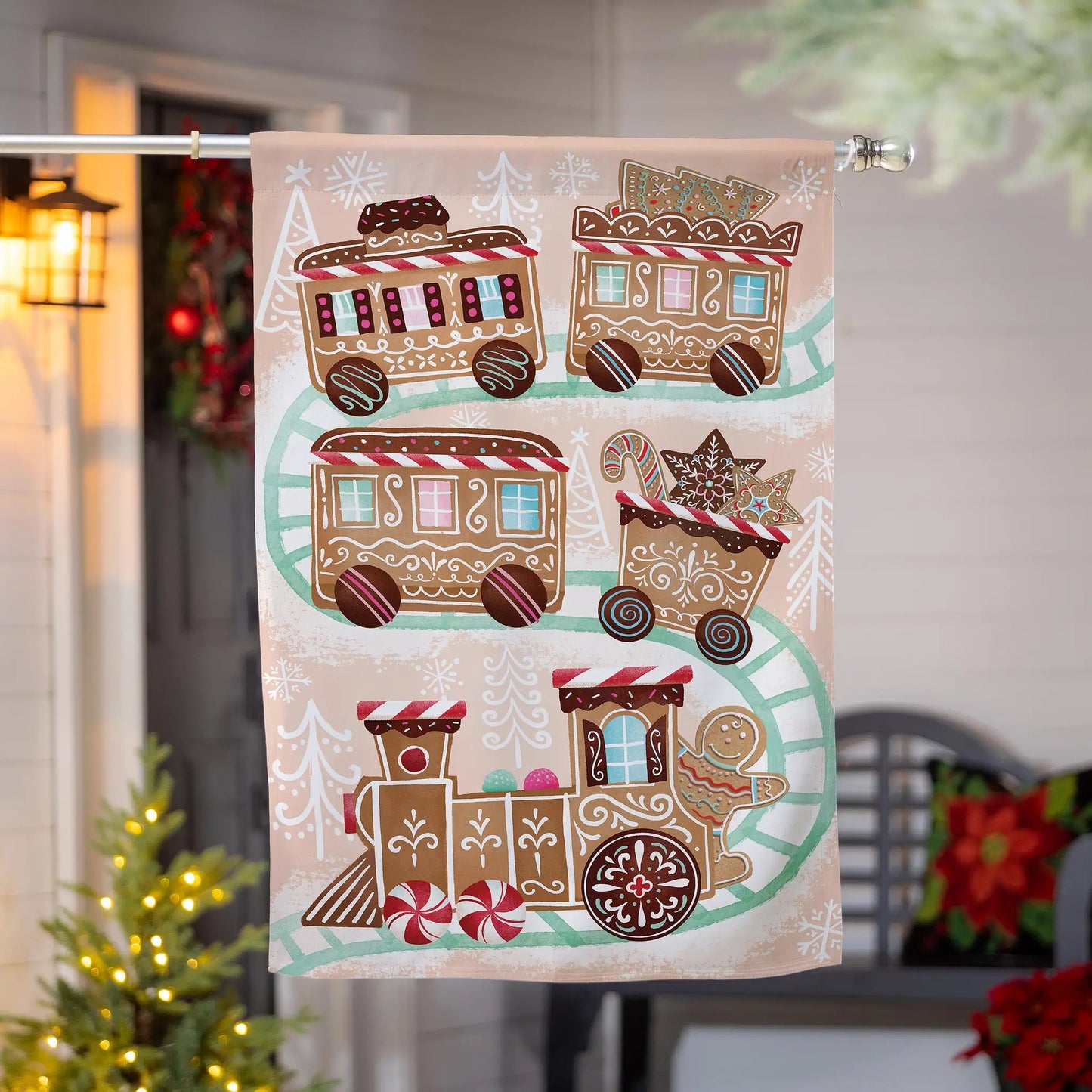 Gingerbread Train Suede House Flag for Christmas beige flag with gingerbread houses on Tampa Home & Garden Store