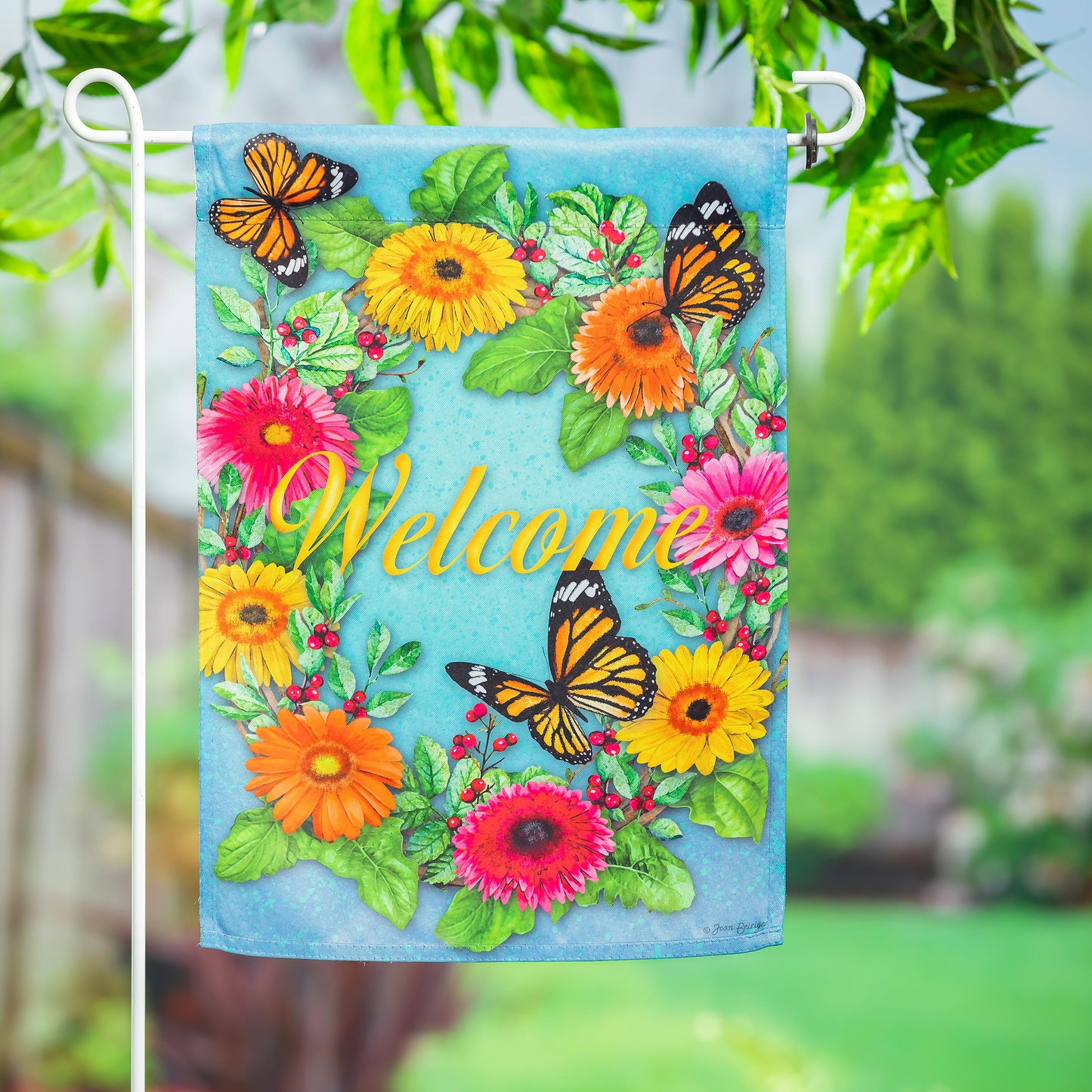 Suede garden flag Gerbera Butterflies on blue background with vibrant flowers Monarchs Evergreen on Tampa Home & Garden Store