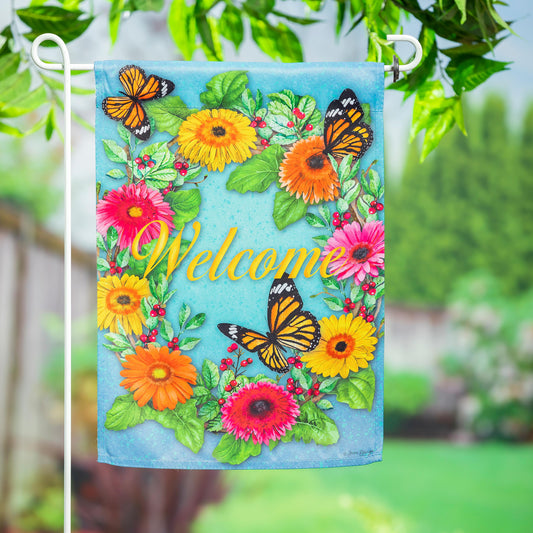 Suede garden flag Gerbera Butterflies on blue background with vibrant flowers Monarchs Evergreen on Tampa Home & Garden Store