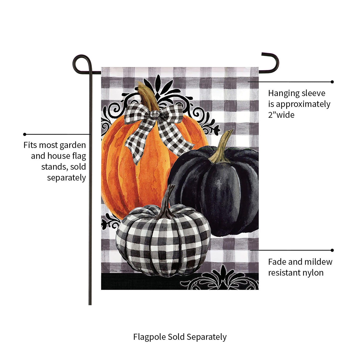 Pumpkin Check Garden Suede Flag Evergreen Enterprises; orange pumpkins with black plaid bow on Tampa Home & Garden Store