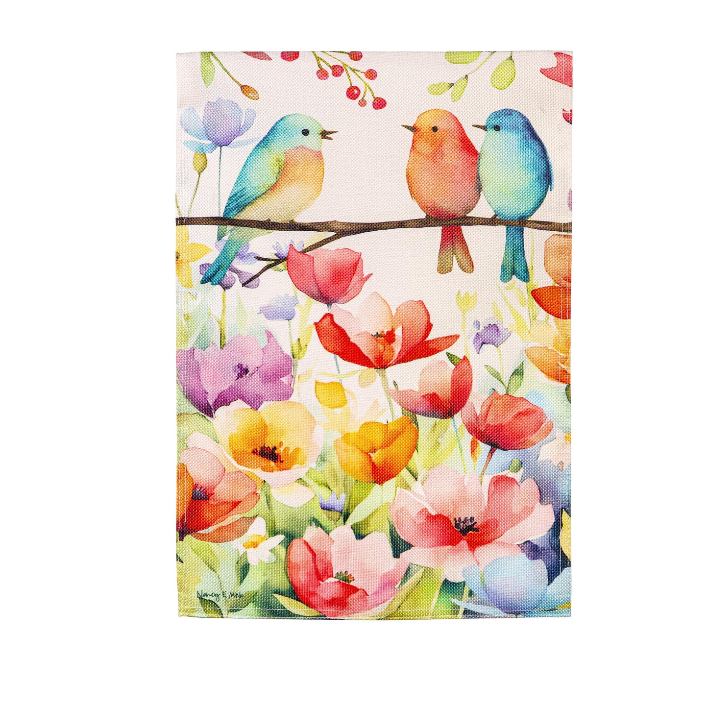 Bird Talk Burlap Garden Flag with three colorful birds on a branch among bright flowers on Tampa Home & Garden Store