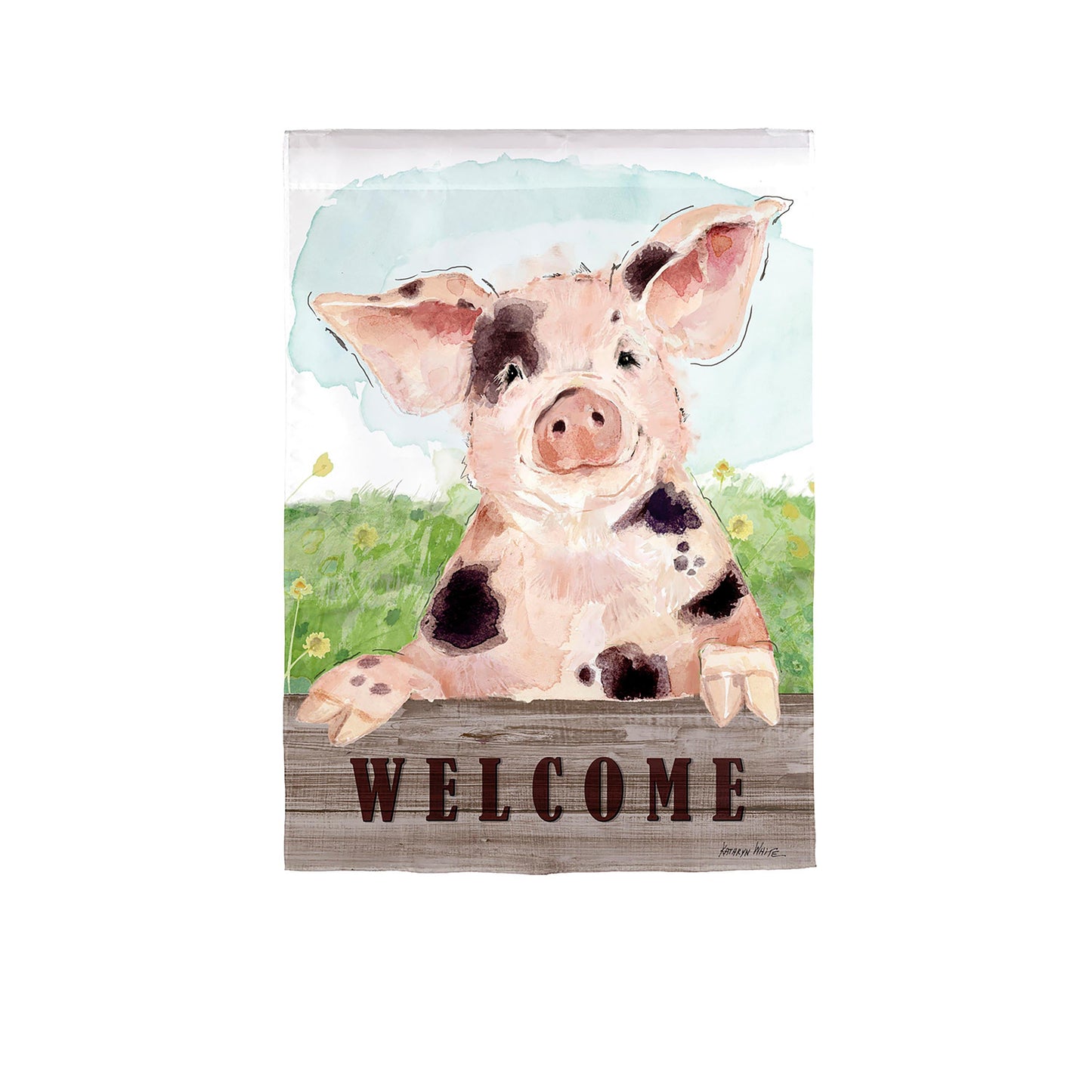 Spotted Pig Garden Suede Flag Evergreen Enterprises watercolor pig on wood welcome sign on Tampa Home & Garden Store