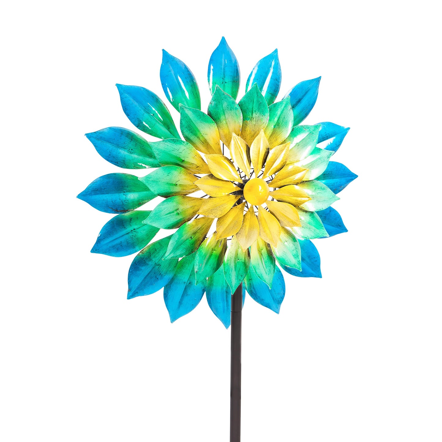 Wind spinner 75H Oceanic Dimensions with colorful blue-green-yellow metal petals on Tampa Home & Garden Store