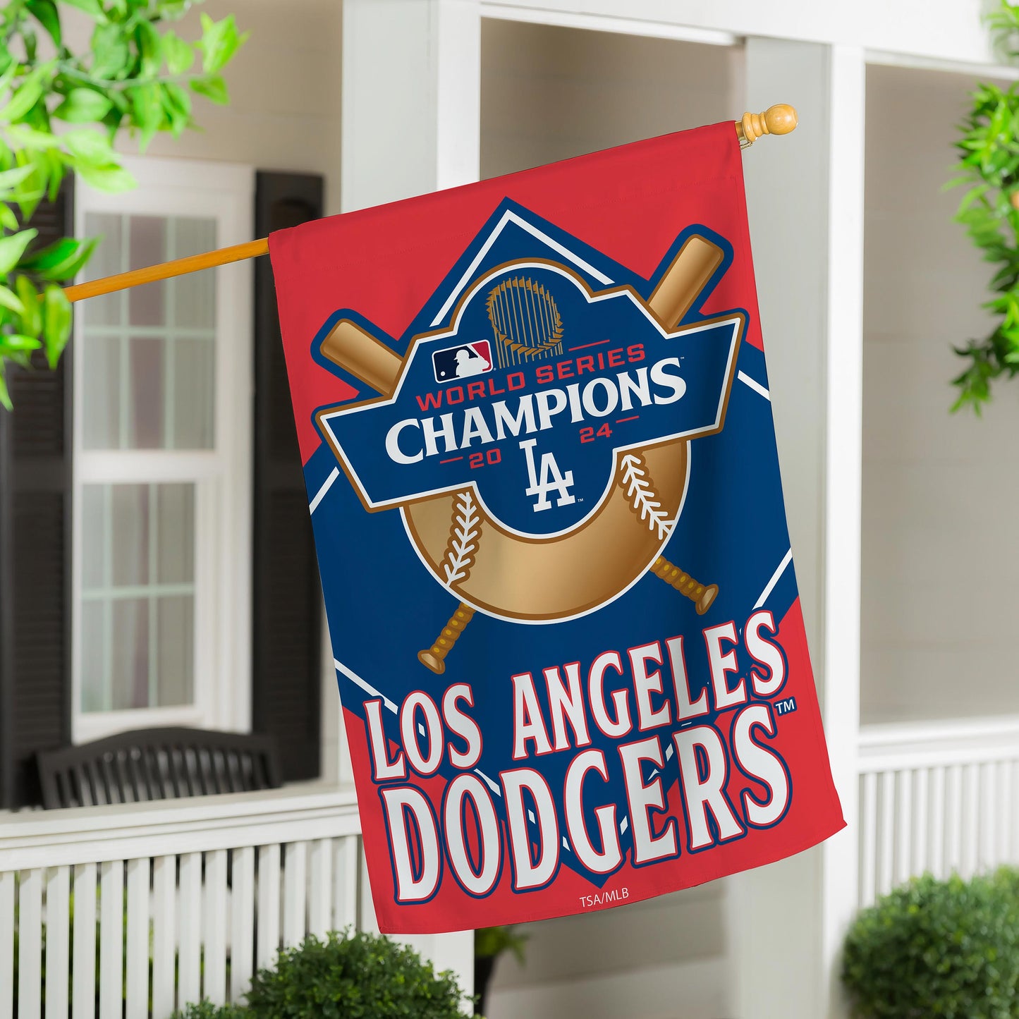 Los Angeles Dodgers suede flag house size with World Series Champions crest on red background on Tampa Home & Garden Store