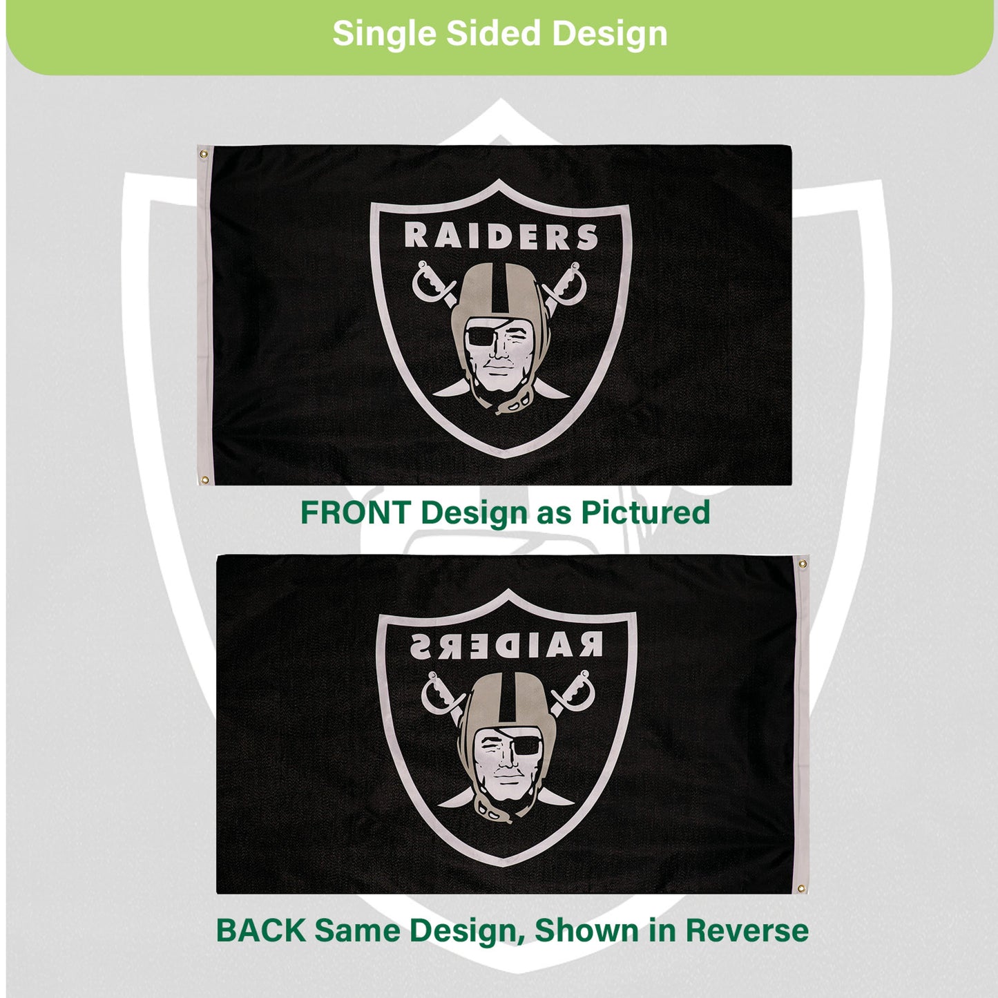 Las Vegas Raiders single-sided 3x5 estate flag with two grommets, black flag with Raiders logo on Tampa Home & Garden Store