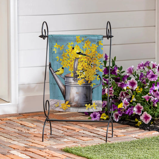 Forsythia Finch Watering Can Suede Garden Flag blue background with yellow blooms and birds on Tampa Home & Garden Store