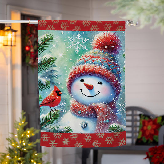 Bandera de casa de gamuza con muñeco de nieve y amigo cardenal