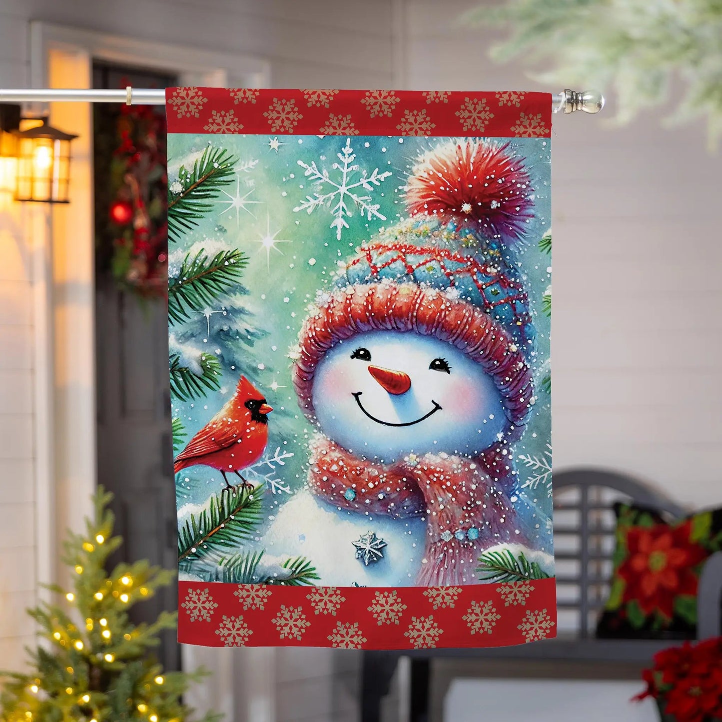 Snowman with Cardinal Friend Suede House Flag with festive red border and snowy scene on Tampa Home & Garden Store