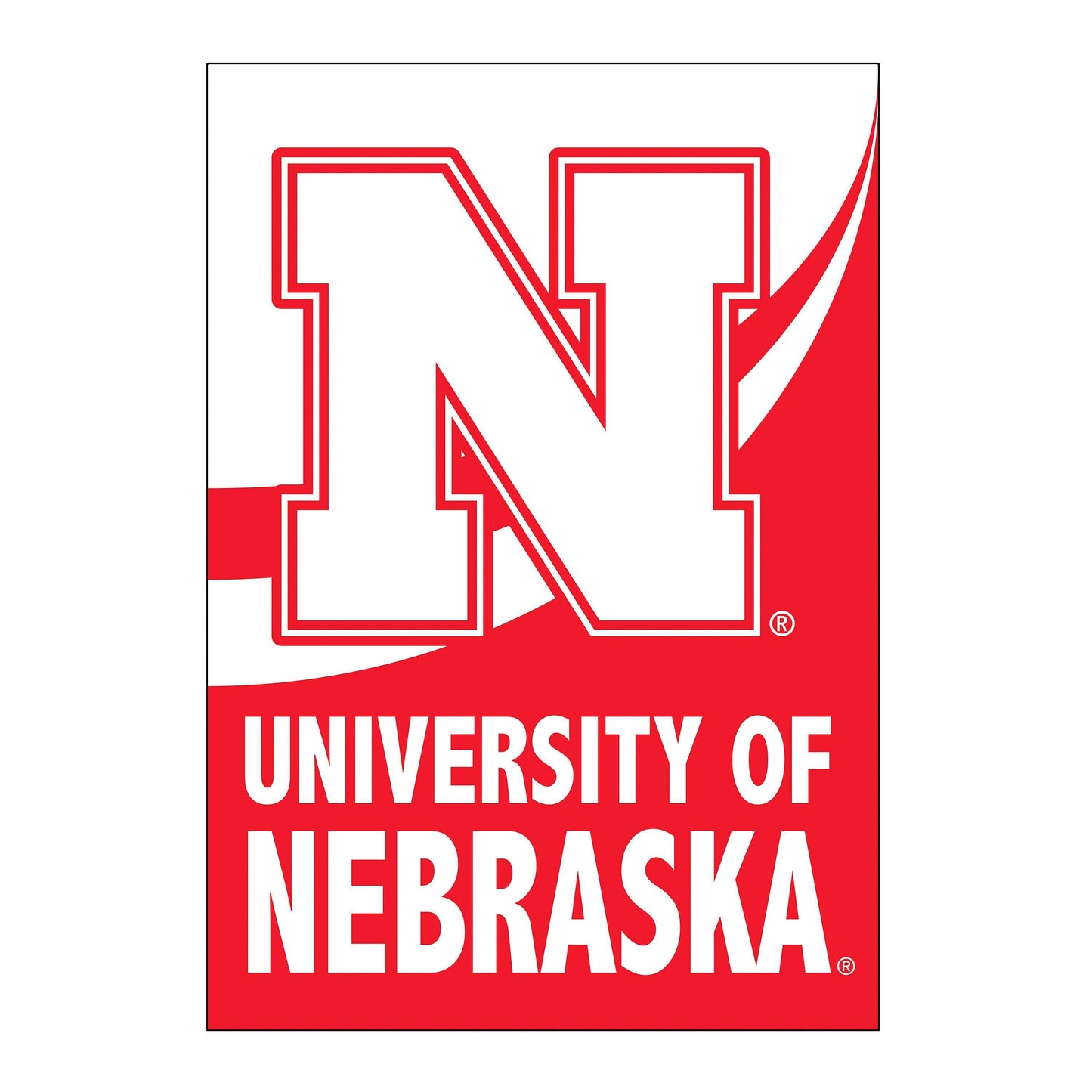 Burlap flag University of Nebraska design with bold white lettering on red background, house size on Tampa Home & Garden Store