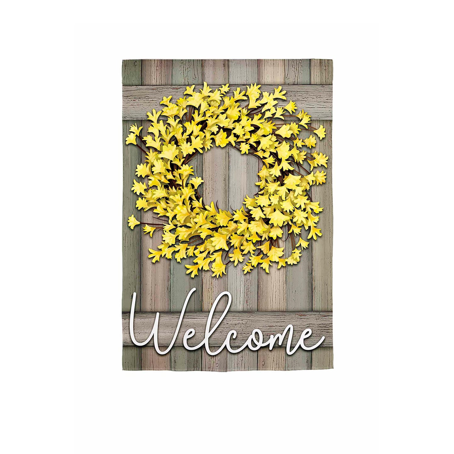 Forsythia Farmhouse Wreath Burlap Flag with bright yellow flowers on aged wood backdrop on Tampa Home & Garden Store