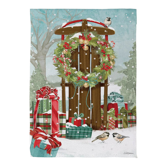 Christmas Sled Suede Garden Flag with Snow Scene wreath and berries Evergreen Enterprises on Tampa Home & Garden Store