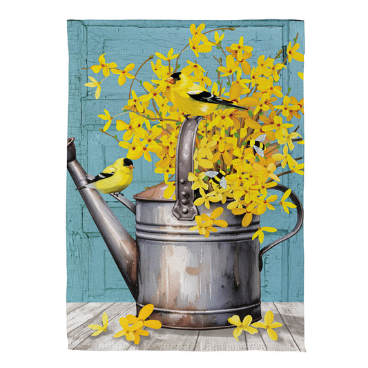 Forsythia Finch Watering Can Suede House Flag - Tampa Home & Garden Store