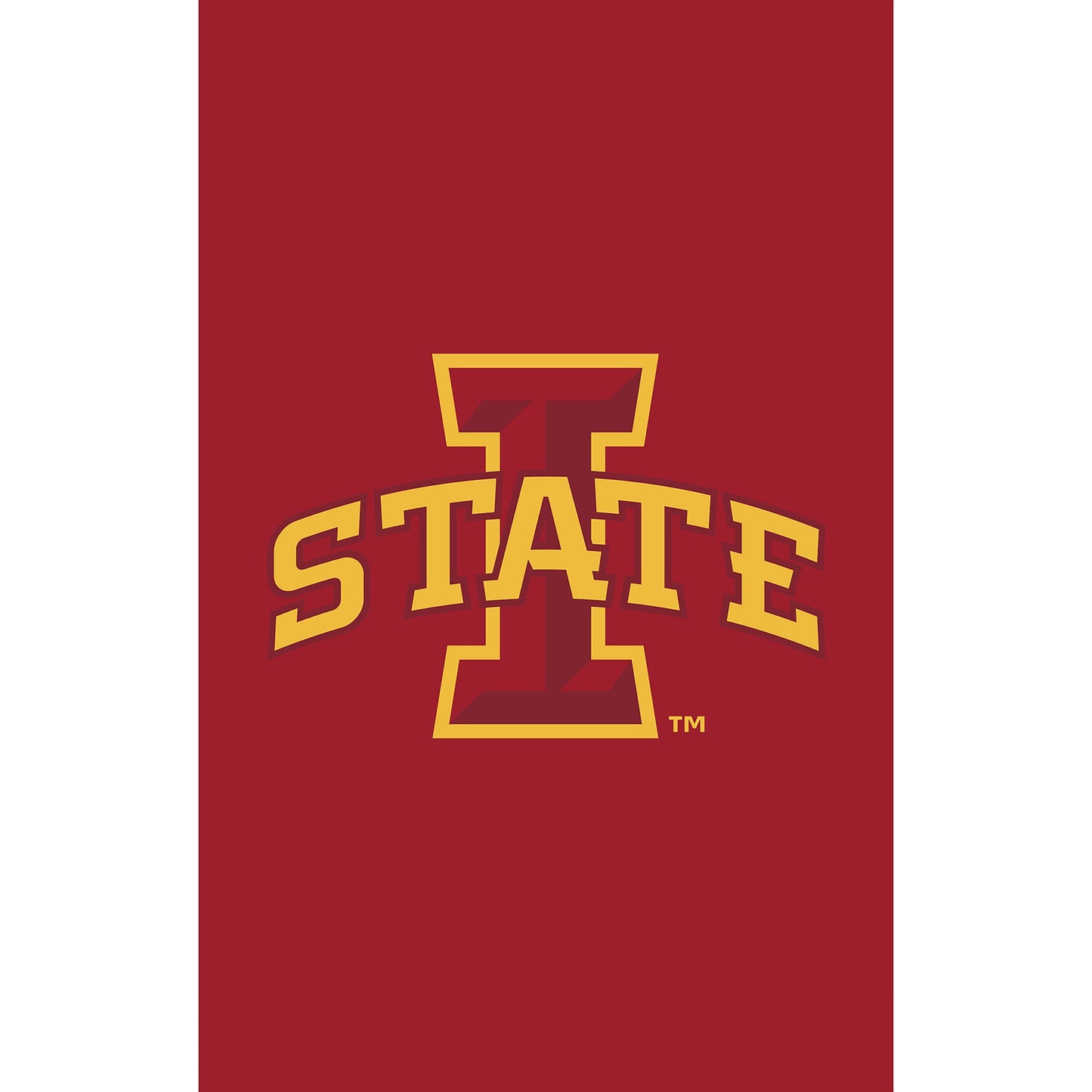 Applique flag Iowa State University on maroon backdrop with bold gold STATE lettering on Tampa Home & Garden Store
