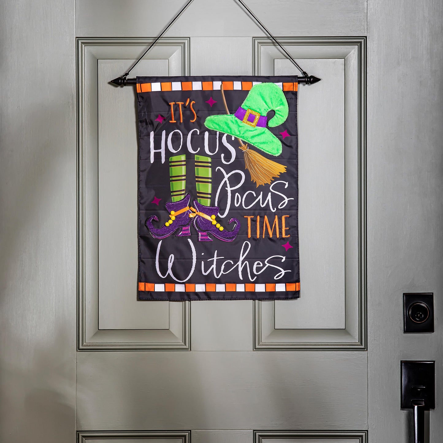 Applique garden flag Hocus Pocus Time with witch hat and broom by Evergreen Enterprises on Tampa Home & Garden Store