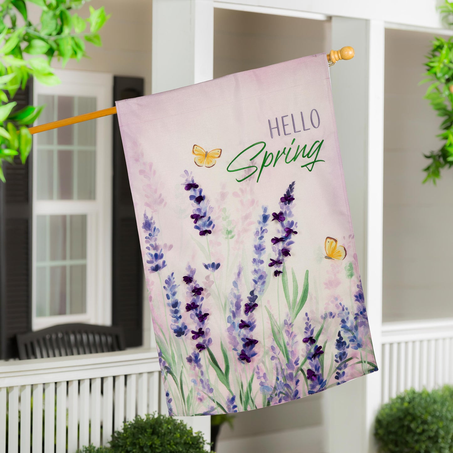 Hello Spring Lavender Burlap House Flag pink lavender with butterfly accents on wooden pole on Tampa Home & Garden Store