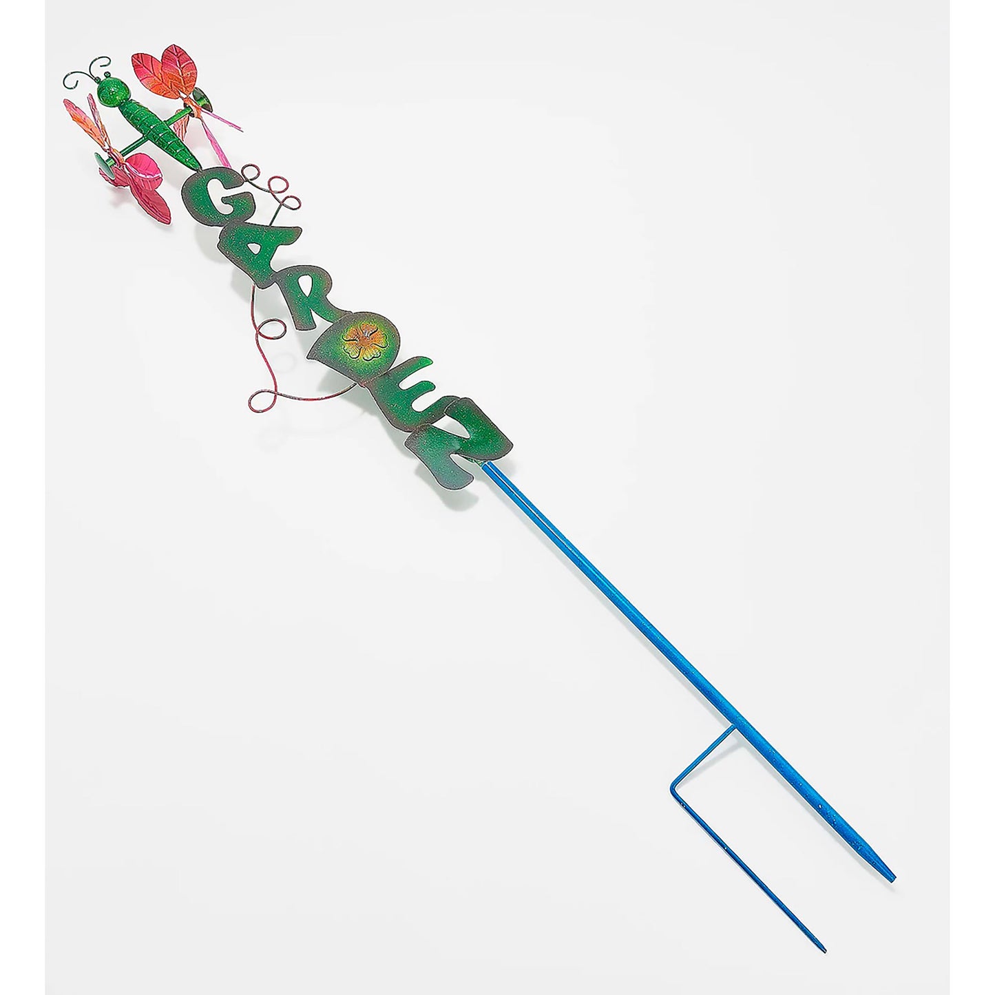 Metal kinetic stake wind spinner in green with colorful leaf and flower accents on Tampa Home & Garden Store