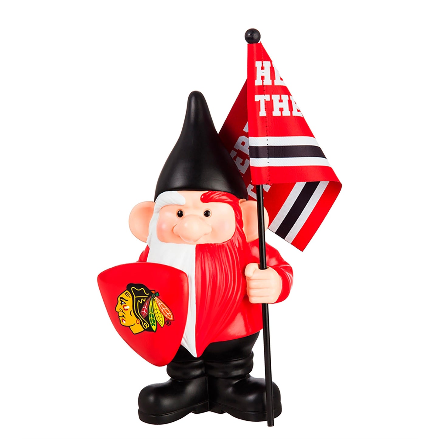 Chicago Blackhawks flag holder garden gnome with red striped flag and team emblem on Tampa Home & Garden Store