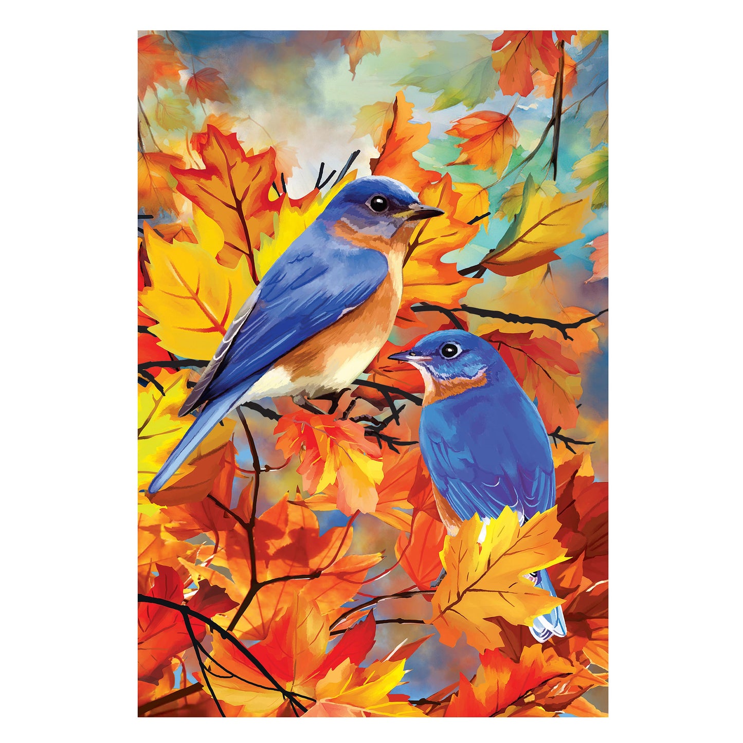 Bluebirds Among The Leaves Suede Garden Flag featuring two bluebirds and vibrant autumn leaves on Tampa Home & Garden Store