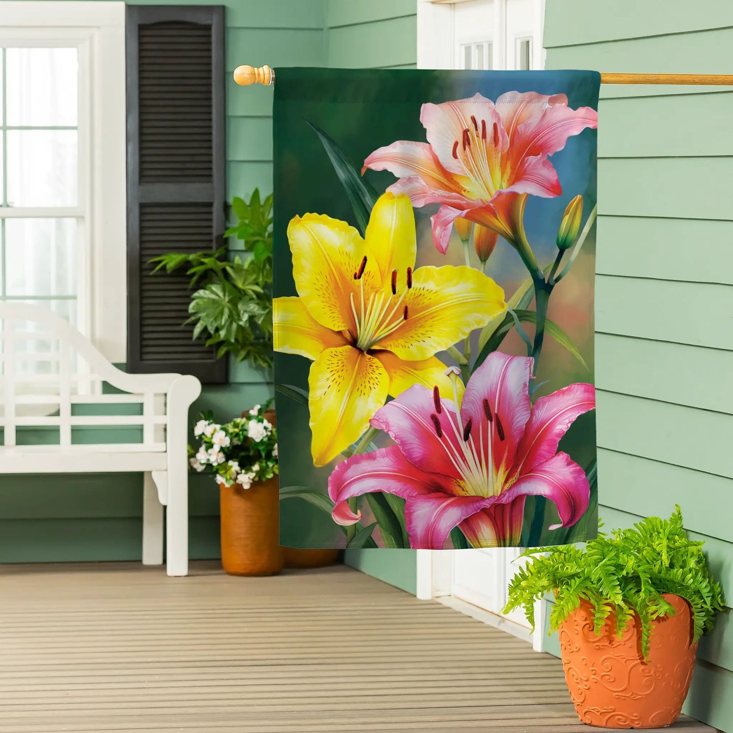 Colorful daylily suede house flag with pink yellow blooms on green bg Evergreen Enterprises on Tampa Home & Garden Store